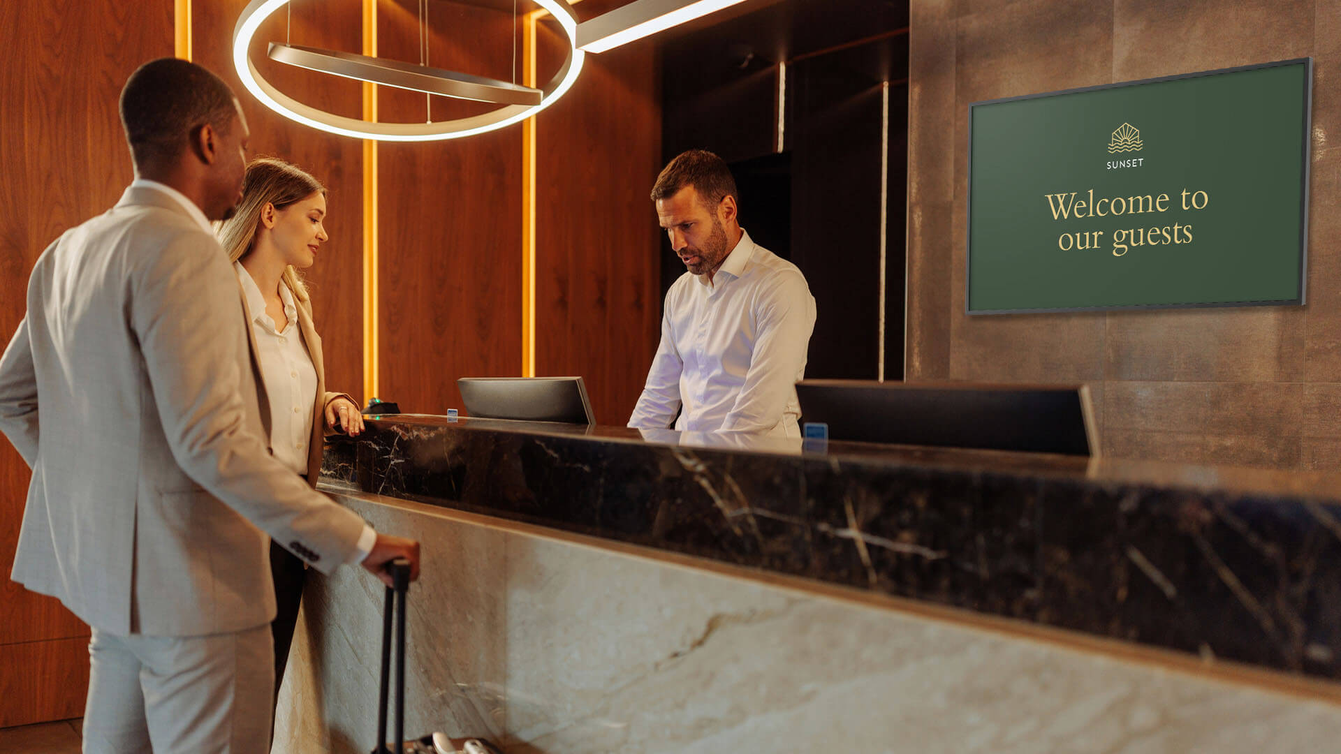 Avocor retail and hospitality display solutions in a hotel lobby