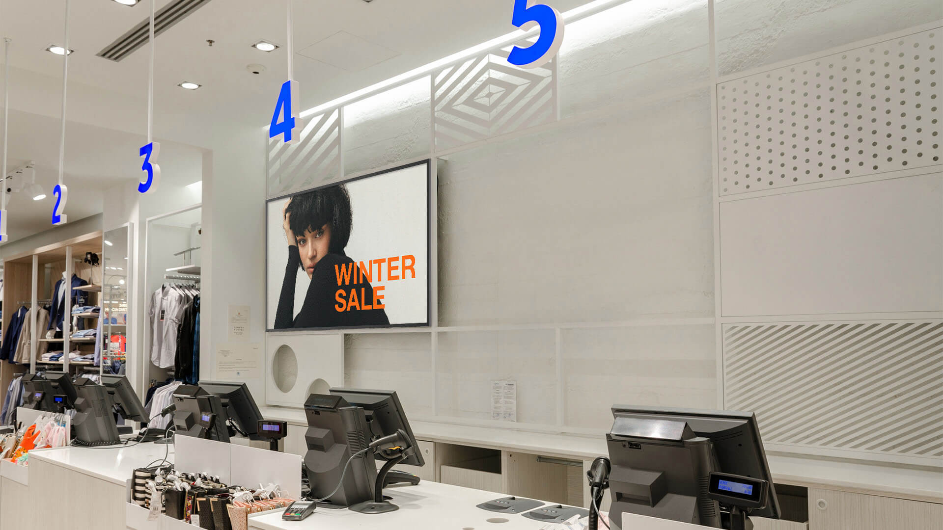 Avocor digital signage in retail shops displaying winter sale CMS content