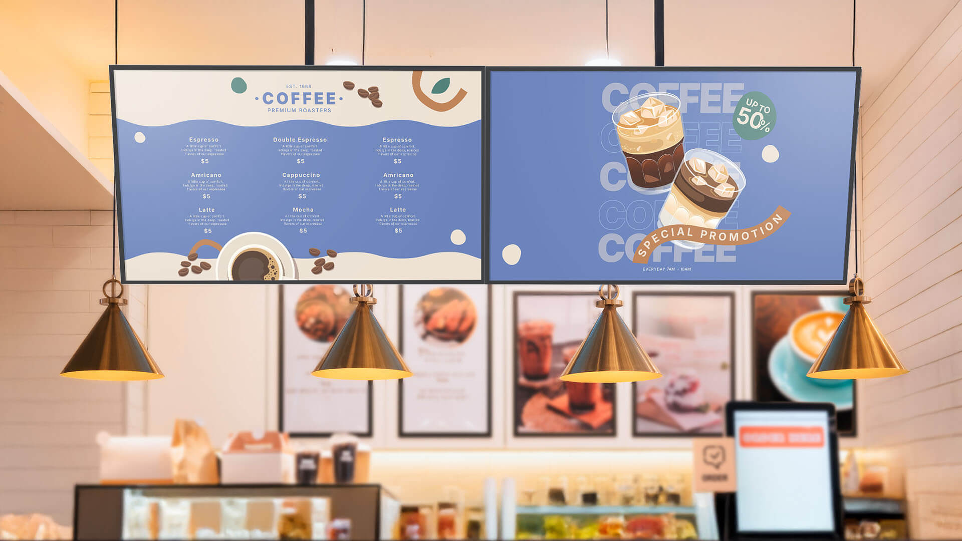 coffee shop menu displays using Avocor B Series in retail and hospitality environment.