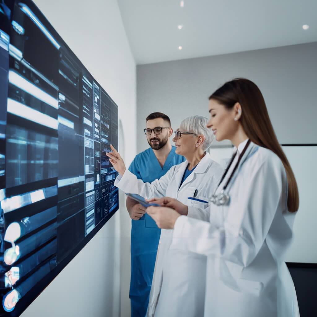 Healthcare team in a project room environment using interactive screen